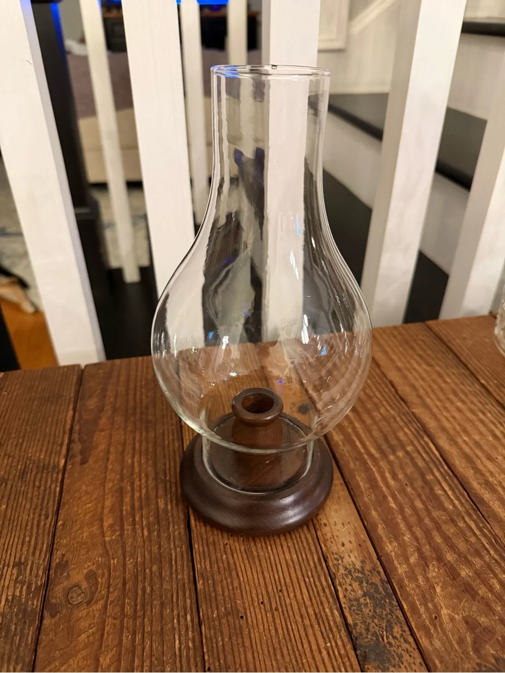 Vintage BOHO Farmhouse Clear Glass Hurricane Lamp with Wood Base